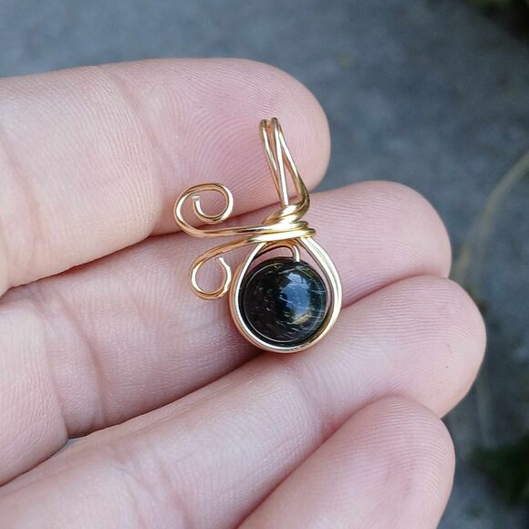 Tigers Eye Crystal Beaded Charm Pendant, Wire Wrapped, Gold, 8mm - Picture 3 of 3